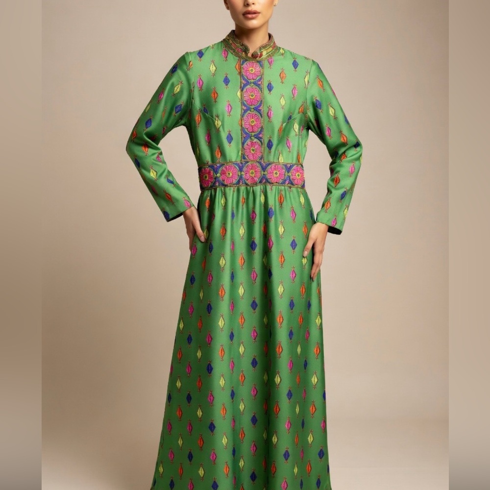 Vintage 70s Emilio Borghese Roma Green Patterned Maxi Dress (C5526)